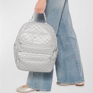 MZ Wallace Small Crosby Quilted Metallic Silver Backpack